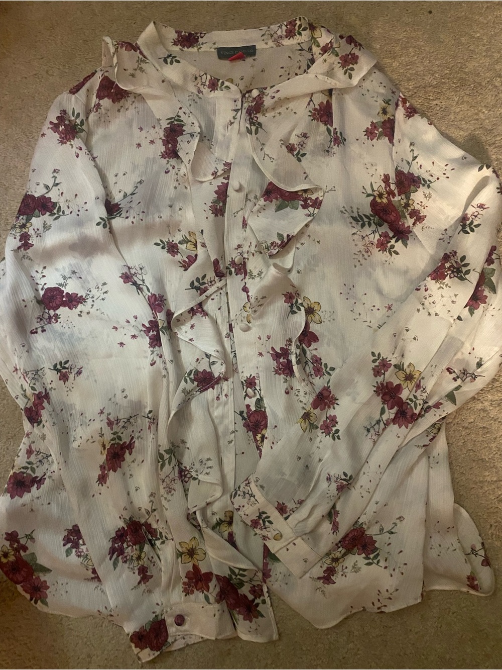 Vince Camuto White Floral Ruffle Button-Up Blouse